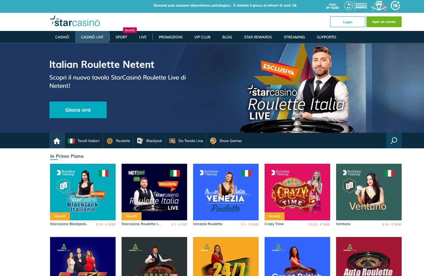 Il casino dal vivo di Starcasino presenta diversi tavoli virtuali
