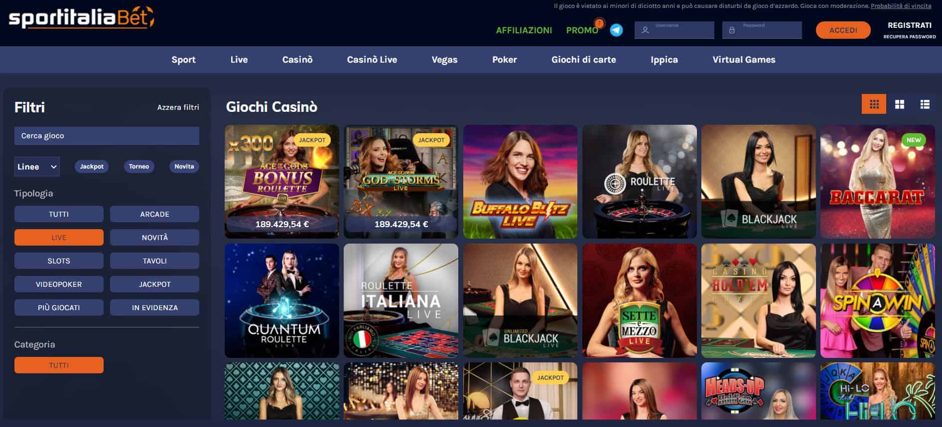 Il casino dal vivo di SportitaliaBet presenta diversi tavoli virtuali