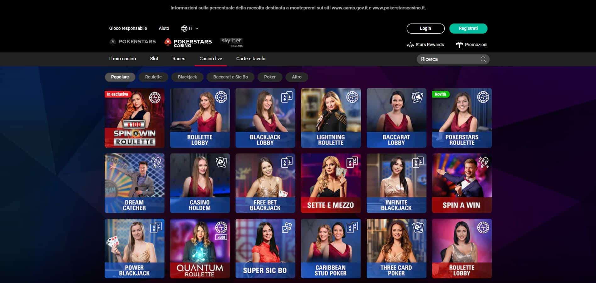 Il casino dal vivo di PokerStars presenta diversi tavoli virtuali