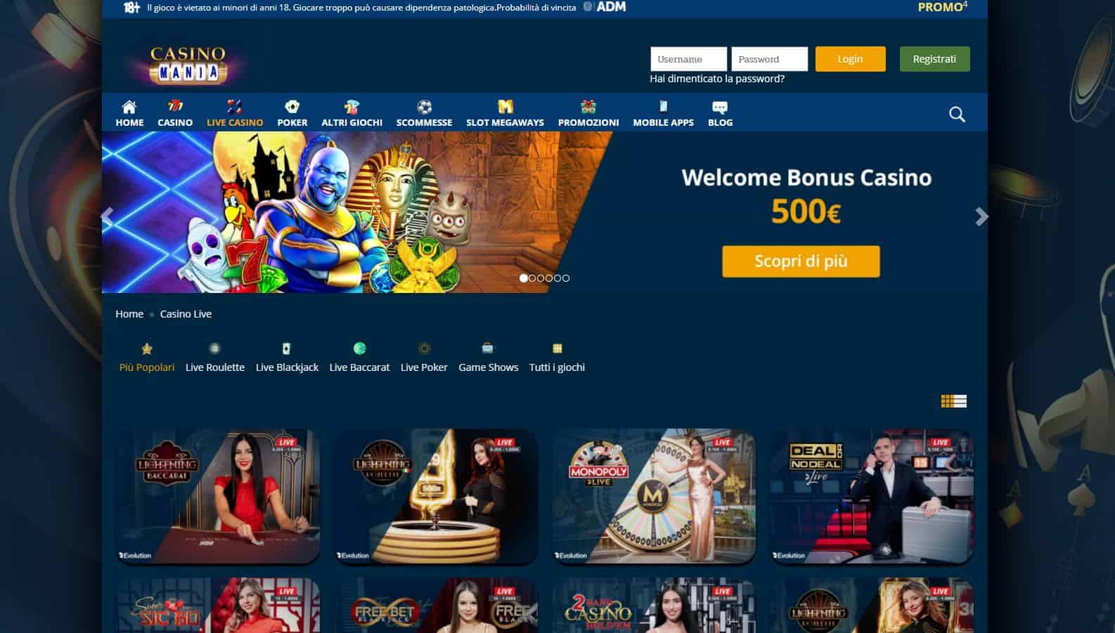 Il casino dal vivo di CasinoMania presenta diversi tavoli virtuali